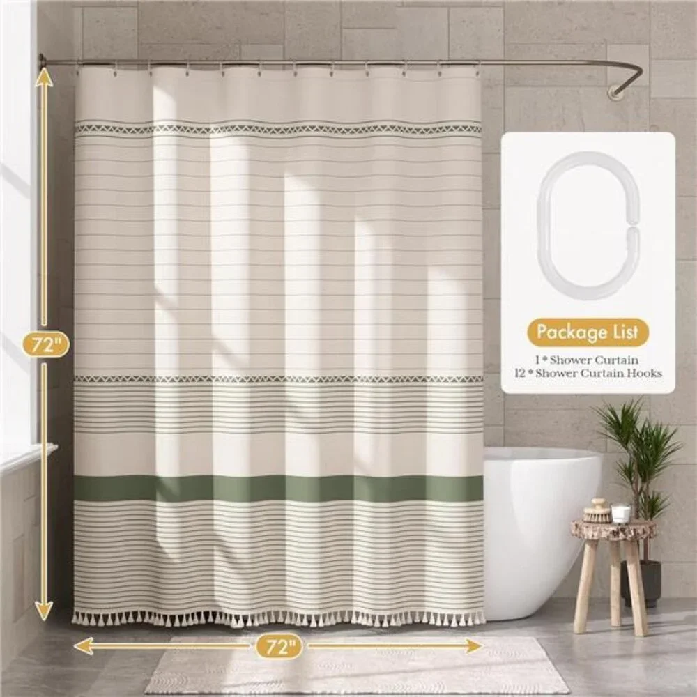 Boho Shower Curtain, Modern Farmhouse Shower Curtain Set with Tassels, Rustic